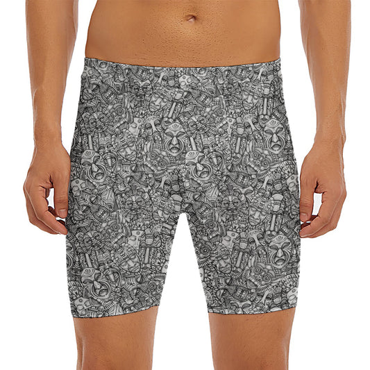 Grey And White Totem Pattern Print Men's Long Boxer Briefs