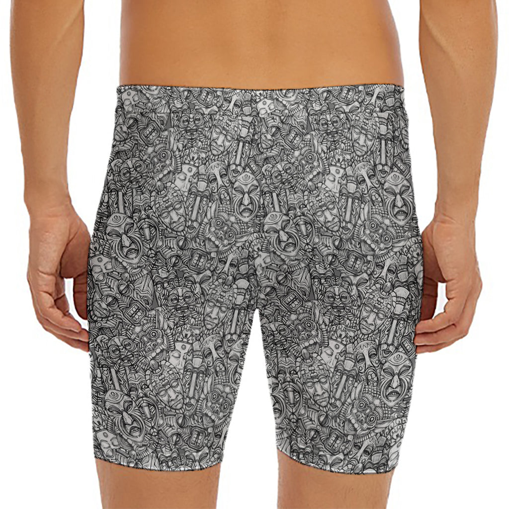 Grey And White Totem Pattern Print Men's Long Boxer Briefs
