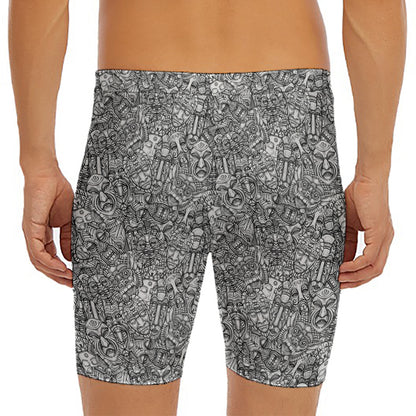 Grey And White Totem Pattern Print Men's Long Boxer Briefs