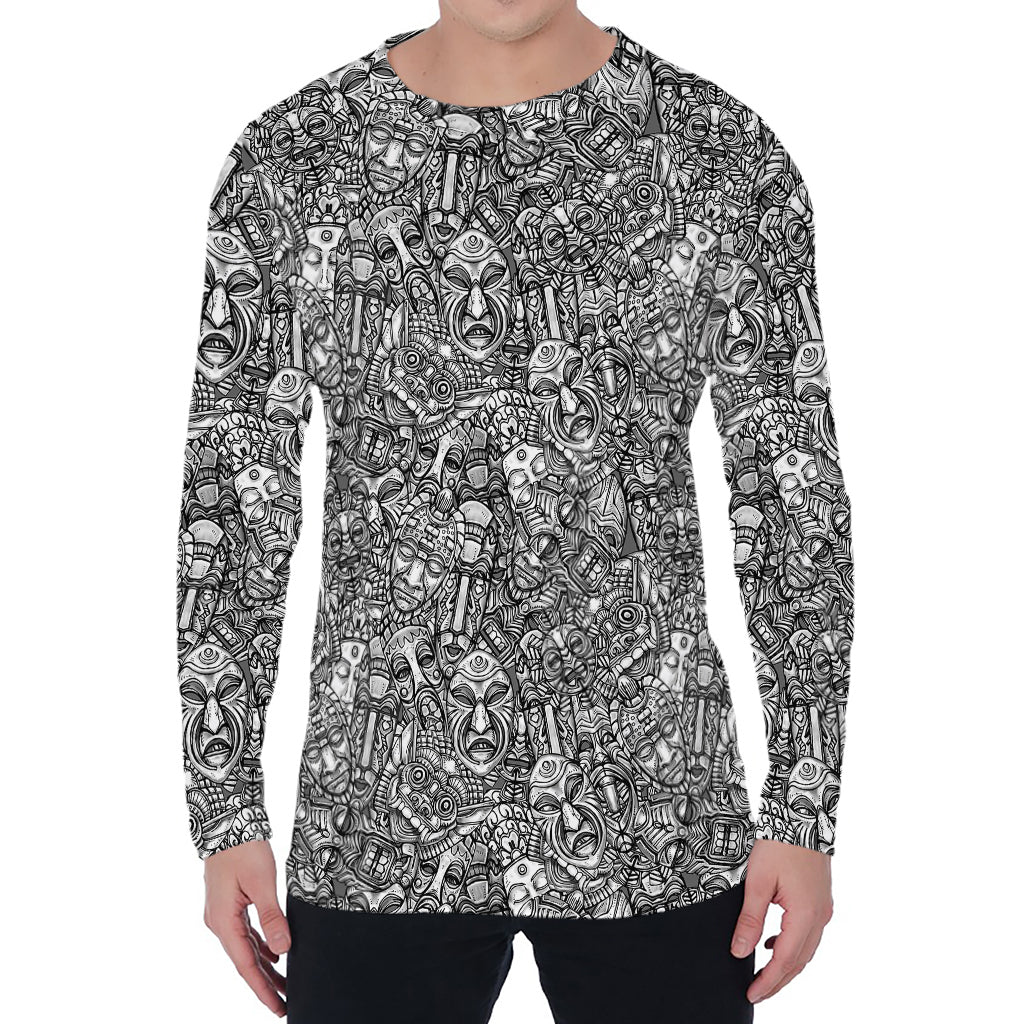 Grey And White Totem Pattern Print Men's Long Sleeve T-Shirt