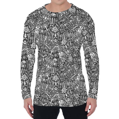 Grey And White Totem Pattern Print Men's Long Sleeve T-Shirt