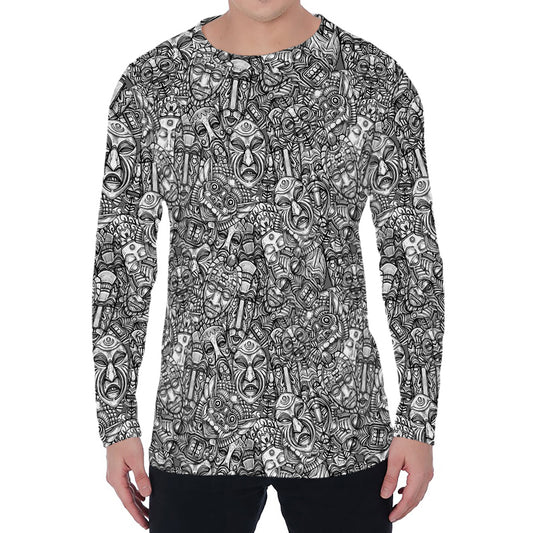 Grey And White Totem Pattern Print Men's Long Sleeve T-Shirt