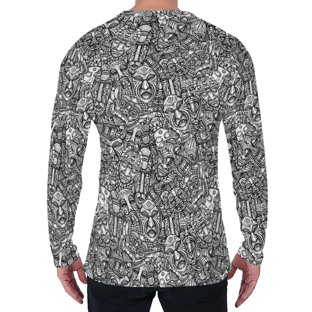 Grey And White Totem Pattern Print Men's Long Sleeve T-Shirt
