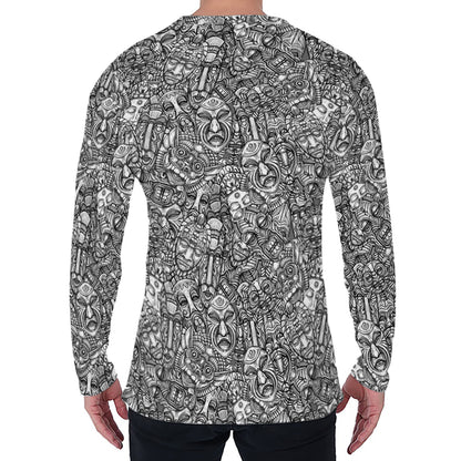 Grey And White Totem Pattern Print Men's Long Sleeve T-Shirt
