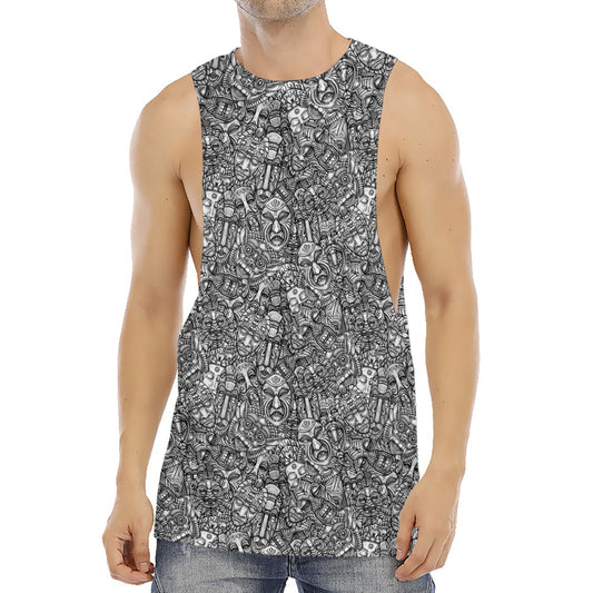 Grey And White Totem Pattern Print Men's Muscle Tank Top