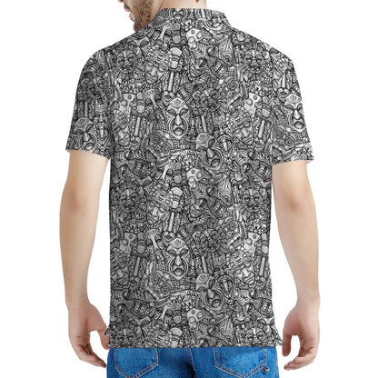 Grey And White Totem Pattern Print Men's Polo Shirt