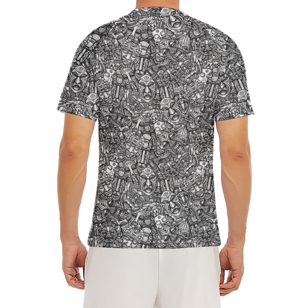Grey And White Totem Pattern Print Men's Short Sleeve Rash Guard