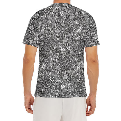 Grey And White Totem Pattern Print Men's Short Sleeve Rash Guard
