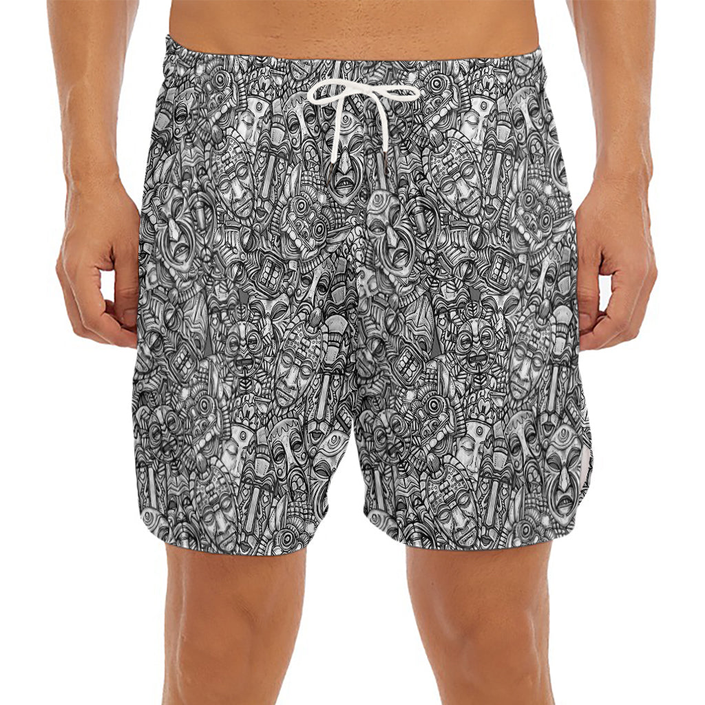 Grey And White Totem Pattern Print Men's Split Running Shorts