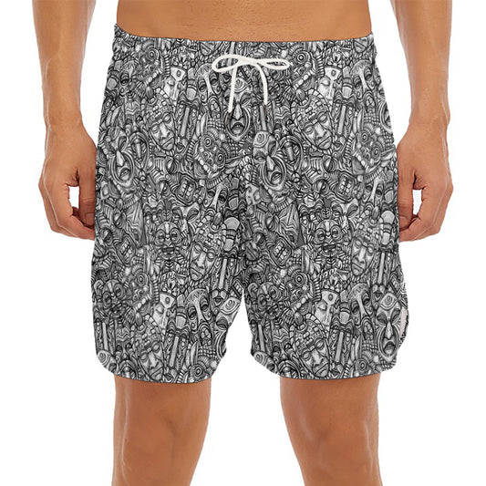 Grey And White Totem Pattern Print Men's Split Running Shorts