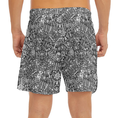 Grey And White Totem Pattern Print Men's Split Running Shorts