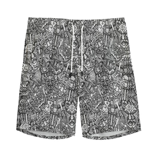 Grey And White Totem Pattern Print Men's Sports Shorts