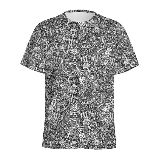 Grey And White Totem Pattern Print Men's Sports T-Shirt