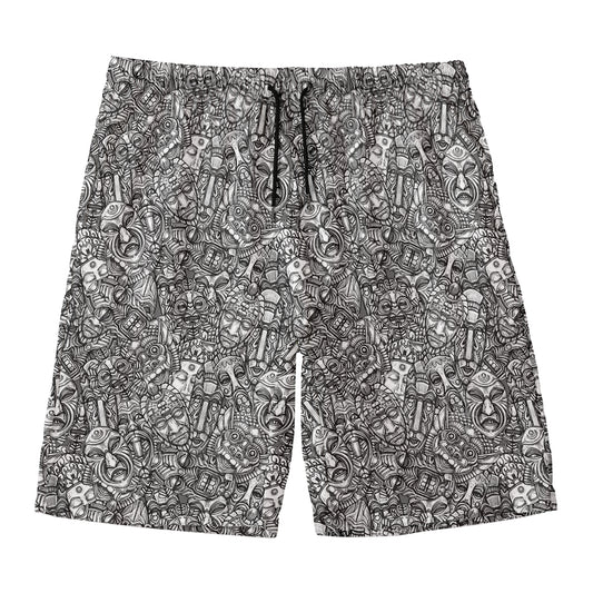 Grey And White Totem Pattern Print Men's Swim Trunks
