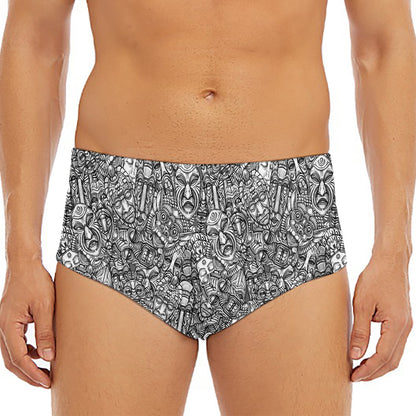 Grey And White Totem Pattern Print Men's Triangle Swim Briefs