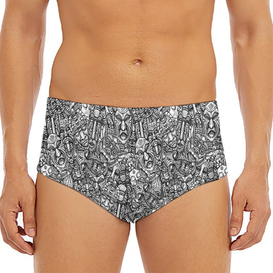 Grey And White Totem Pattern Print Men's Triangle Swim Briefs