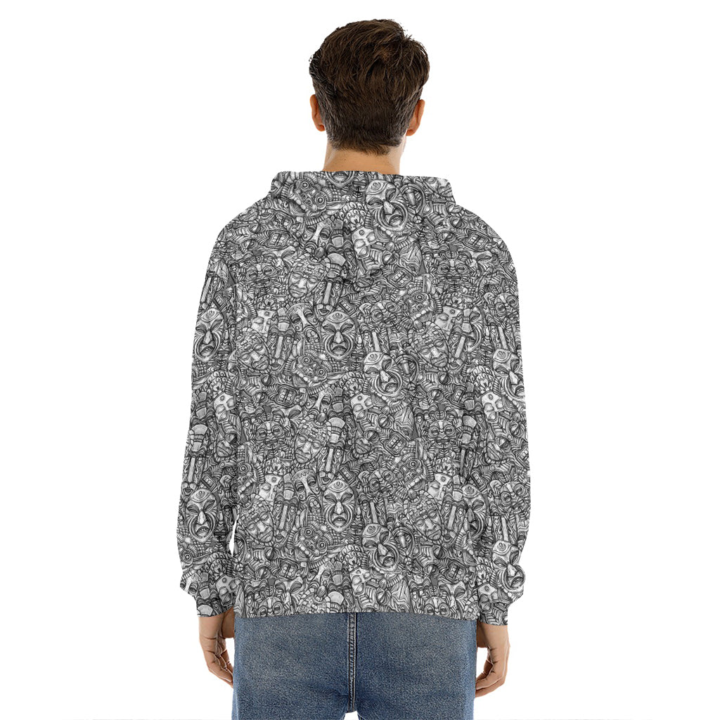 Grey And White Totem Pattern Print Men's Velvet Pullover Hoodie