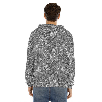 Grey And White Totem Pattern Print Men's Velvet Pullover Hoodie