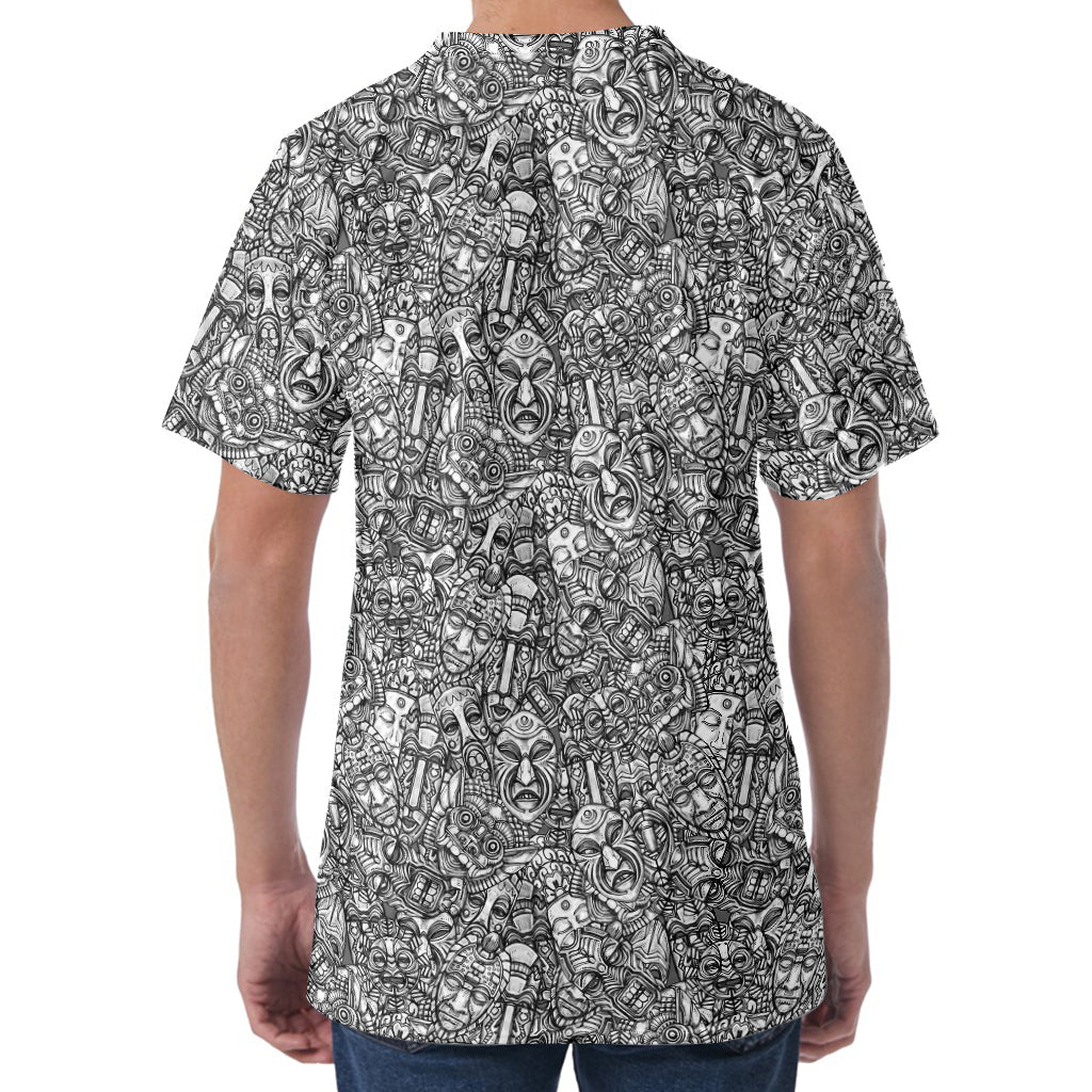 Grey And White Totem Pattern Print Men's Velvet T-Shirt
