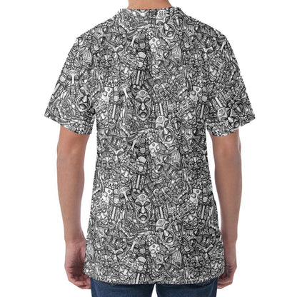 Grey And White Totem Pattern Print Men's Velvet T-Shirt