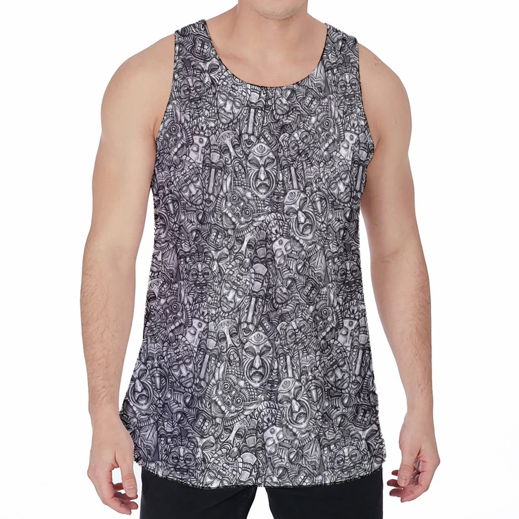 Grey And White Totem Pattern Print Men's Velvet Tank Top