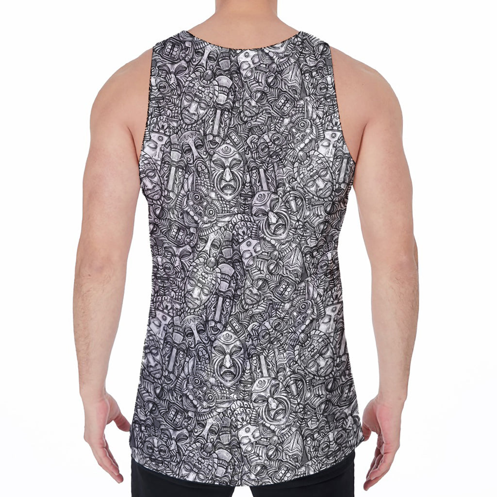 Grey And White Totem Pattern Print Men's Velvet Tank Top