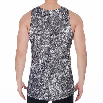 Grey And White Totem Pattern Print Men's Velvet Tank Top