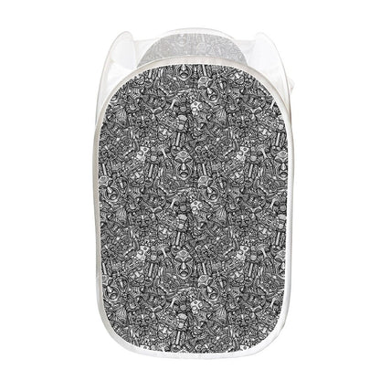 Grey And White Totem Pattern Print Mesh Laundry Hamper