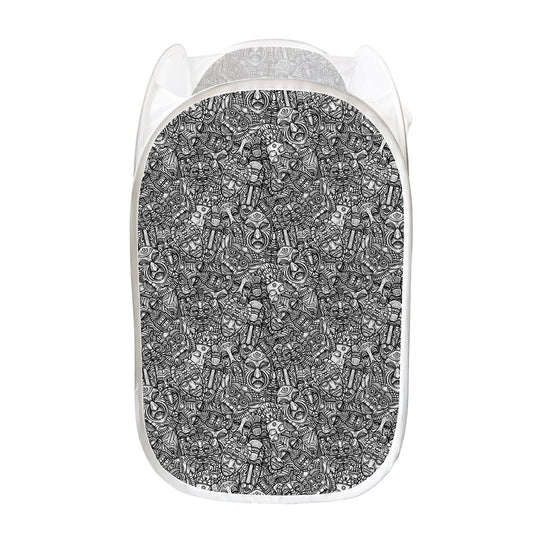 Grey And White Totem Pattern Print Mesh Laundry Hamper