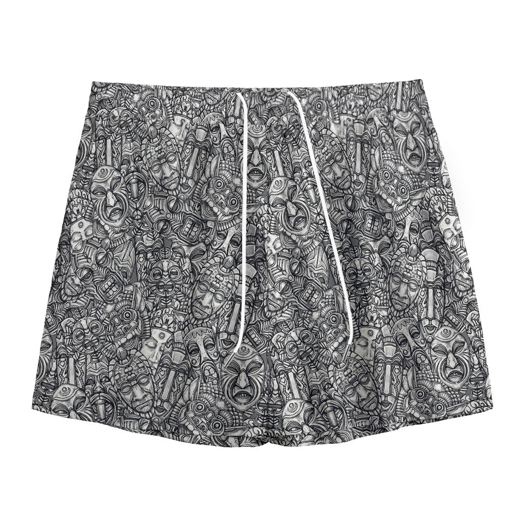 Grey And White Totem Pattern Print Mesh Shorts