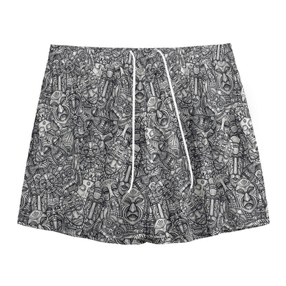 Grey And White Totem Pattern Print Mesh Shorts