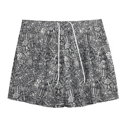 Grey And White Totem Pattern Print Mesh Shorts