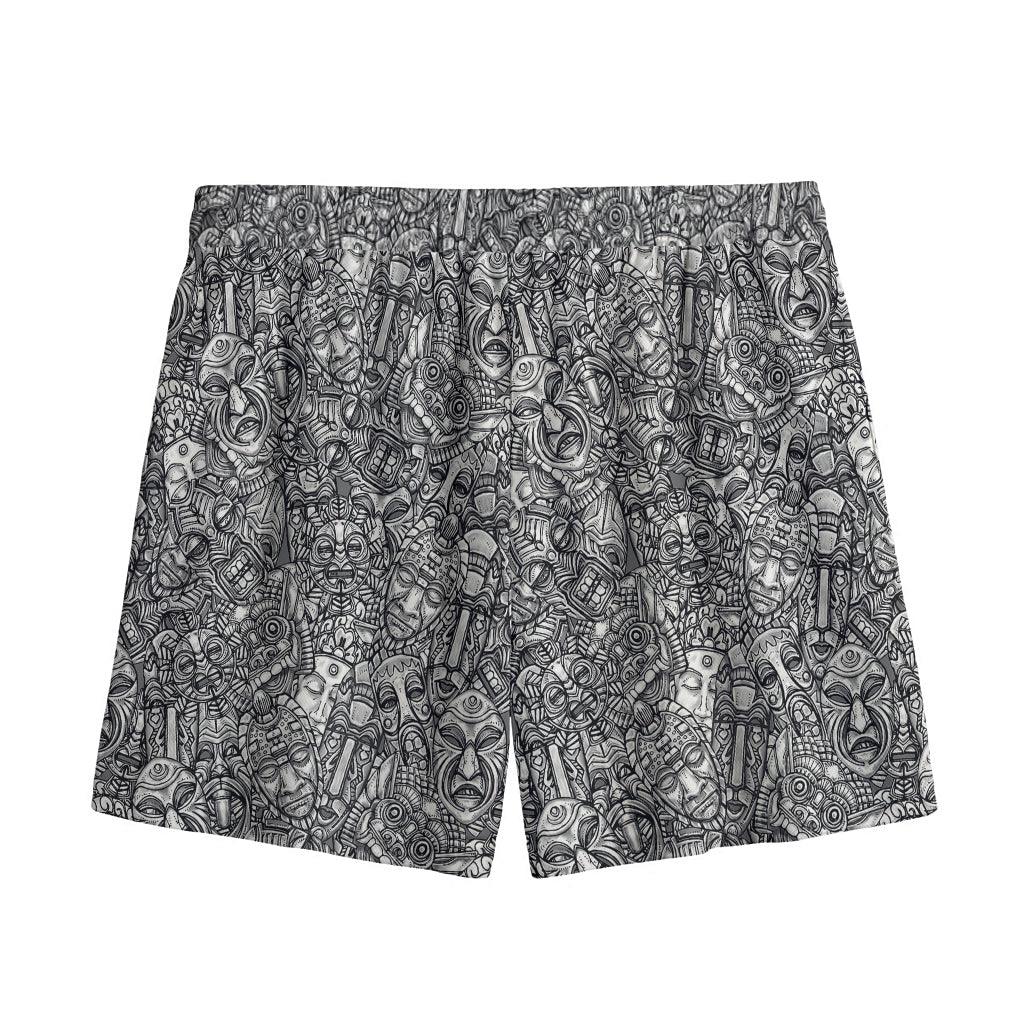 Grey And White Totem Pattern Print Mesh Shorts