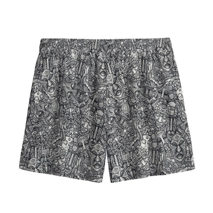Grey And White Totem Pattern Print Mesh Shorts