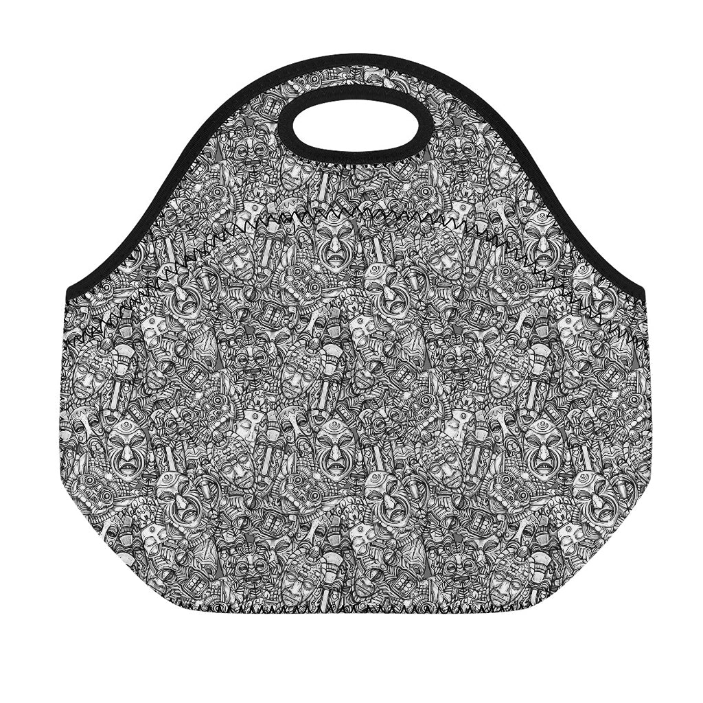 Grey And White Totem Pattern Print Neoprene Lunch Bag