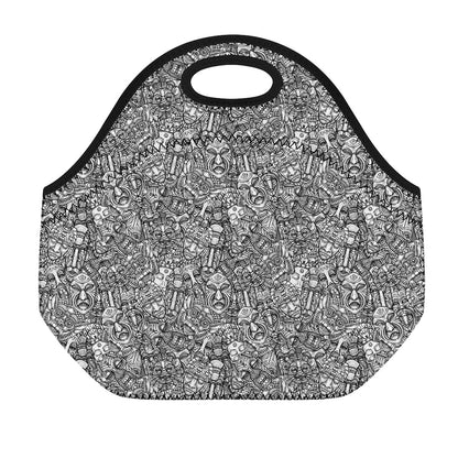 Grey And White Totem Pattern Print Neoprene Lunch Bag