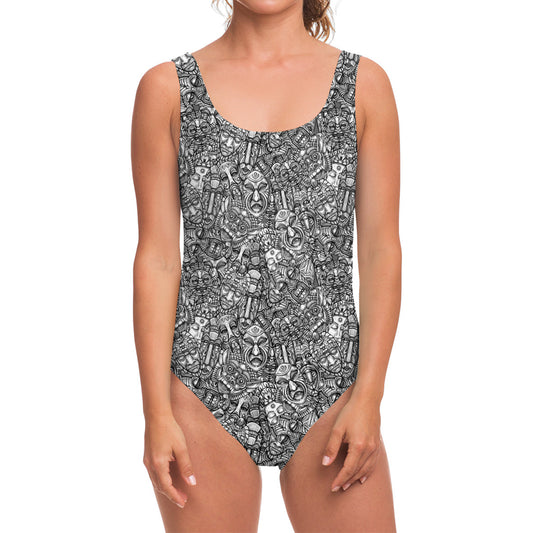 Grey And White Totem Pattern Print One Piece Swimsuit