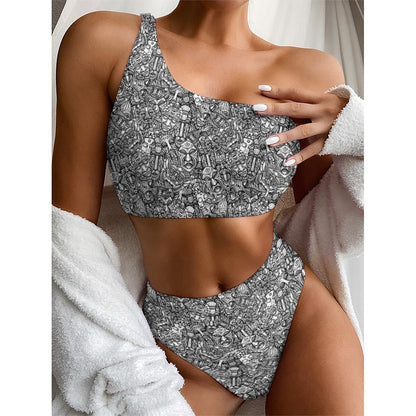 Grey And White Totem Pattern Print One Shoulder Bikini Top