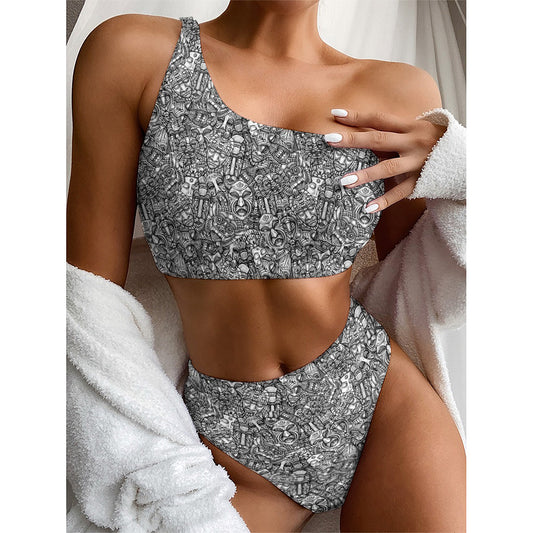 Grey And White Totem Pattern Print One Shoulder Bikini Top