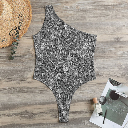 Grey And White Totem Pattern Print One Shoulder Bodysuit