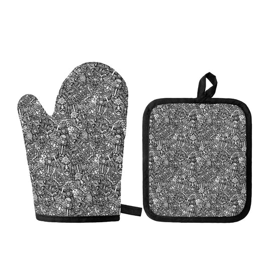 Grey And White Totem Pattern Print Oven Mitt And Pot Holder Set