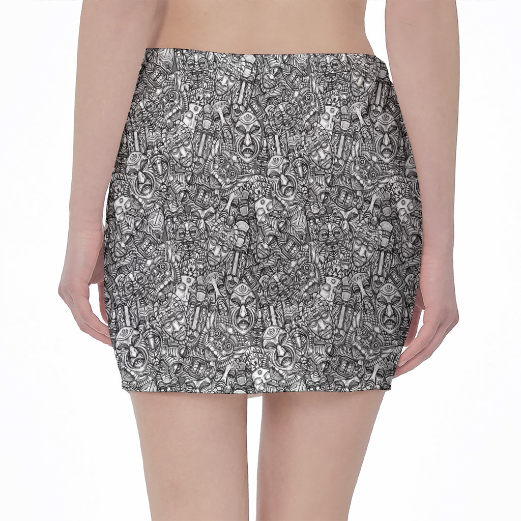 Grey And White Totem Pattern Print Pencil Mini Skirt