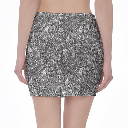 Grey And White Totem Pattern Print Pencil Mini Skirt