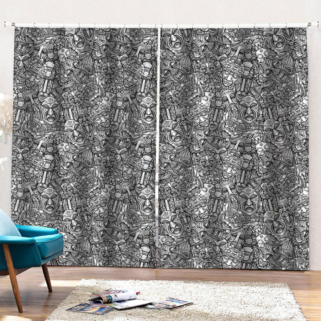 Grey And White Totem Pattern Print Pencil Pleat Curtains