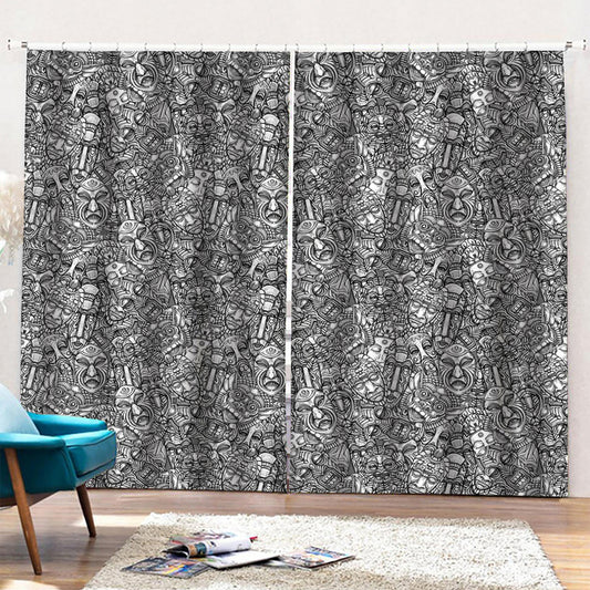 Grey And White Totem Pattern Print Pencil Pleat Curtains