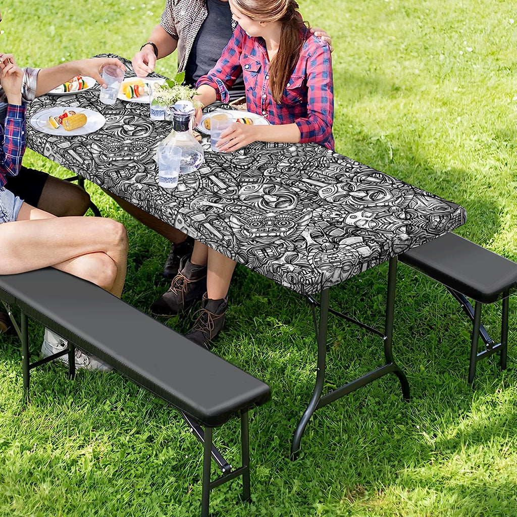 Grey And White Totem Pattern Print Picnic Table Cover