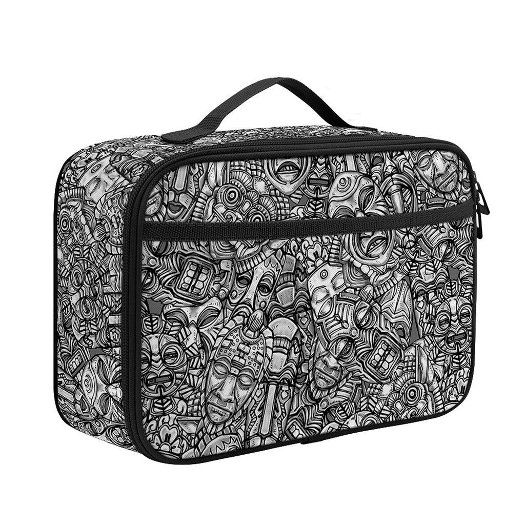 Grey And White Totem Pattern Print Portable Lunch Bag