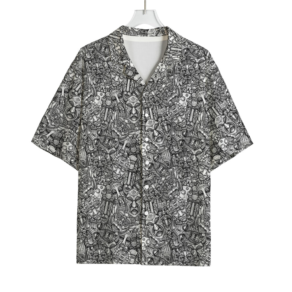 Grey And White Totem Pattern Print Rayon Hawaiian Shirt