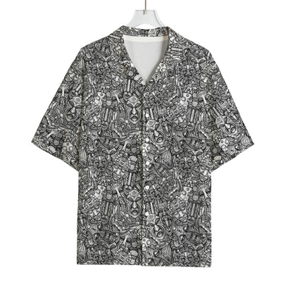 Grey And White Totem Pattern Print Rayon Hawaiian Shirt