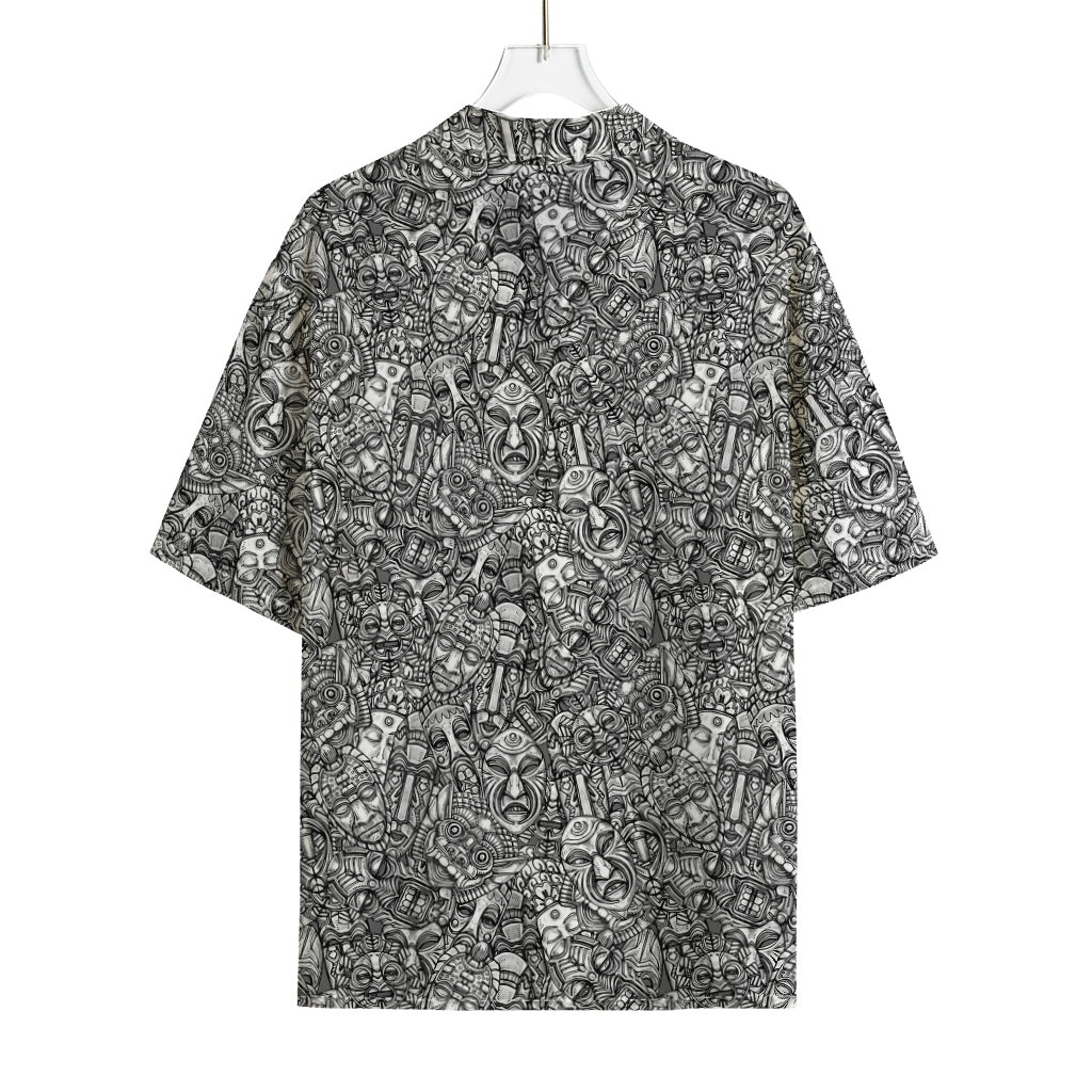 Grey And White Totem Pattern Print Rayon Hawaiian Shirt